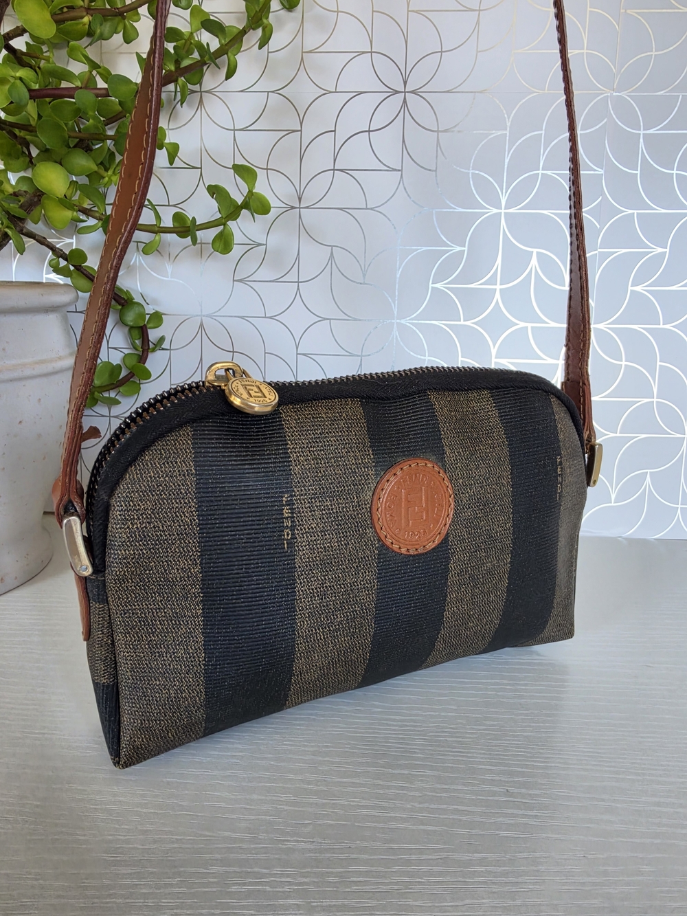 Fendi Black and Brown Striped Crossbody Mini Leather Strap